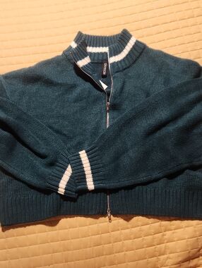 INC International Concepts Teal Zip-Up Sweater with White Stripe Trim